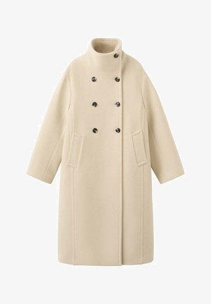 Beige mantel van een wolmix met een hoge kraag, een dubbelzijdig ontwerp, zwarte knopen en zijzakken met een rechte silhouet.