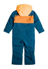 Blå och orange vattentät overall med huva, med ett stort orange band över ryggen, justerbara ärmslut och funktionella fickor.