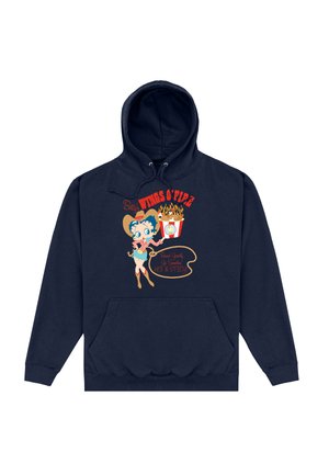 Granatowa bluza z kapturem z grafiką postaci trzymającej wiadro skrzydełek, z napisem w czerwonych i kremowych akcentach.