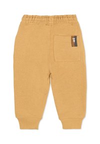 Gele sweatpants met een elastische tailleband, ribbelboorden en een achterzak met een meerkleurig label. Zacht katoenmix materiaal.