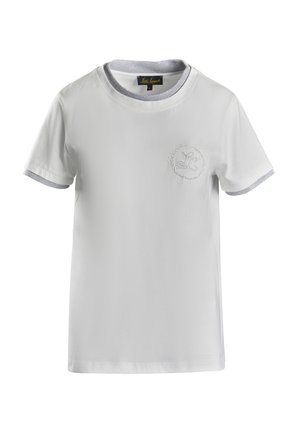 White cotton t-shirt with a round neck, short sleeves, and silver accents on collar and cuffs. Features an embroidered logo on left chest.
