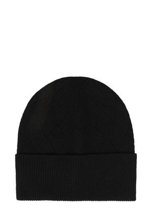 Fekete kötött sapka textúrált gyémántmintával és felgöngyölt szegéllyel. Puha, meleg anyagból készült, amely alkalmas hideg időjárásra.