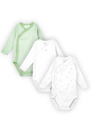 Tre body per neonati a manica lunga, uno a righe verdi, uno bianco semplice con una piccola stella e uno bianco con piccole stelle verdi sparse.