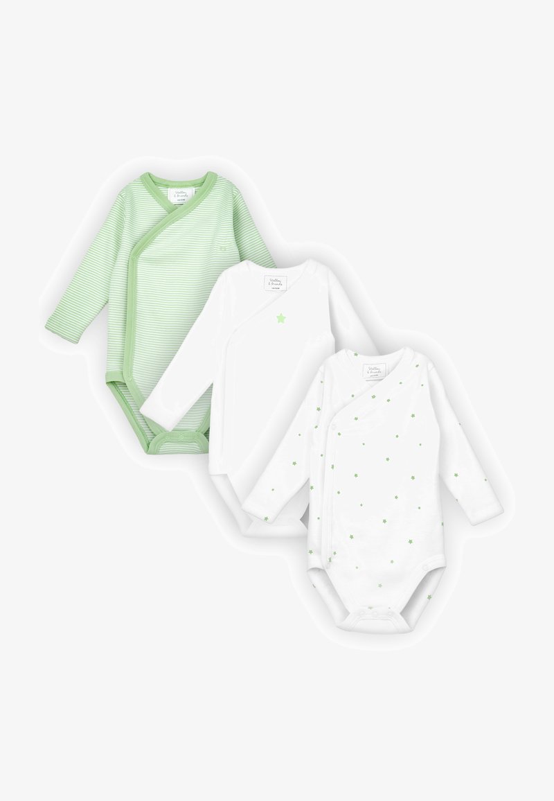 Tre body per neonati a manica lunga, uno a righe verdi, uno bianco semplice con una piccola stella e uno bianco con piccole stelle verdi sparse.