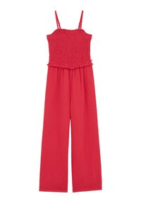 Red, smocked jumpsuit with thin straps. Features a frilled waistband and wide-legged pants. Made from lightweight, textured fabric.