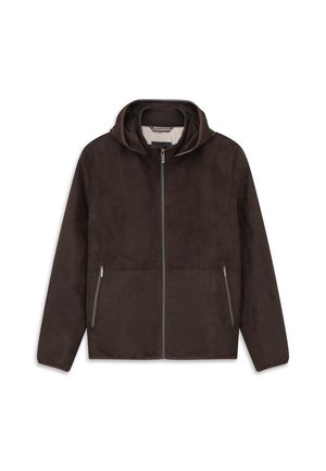 Dunkelbraune Kapuzenjacke mit durchgehendem Frontreißverschluss, langen Ärmeln und zwei seitlichen Reißverschlusstaschen, flach auf weißem Hintergrund dargestellt.