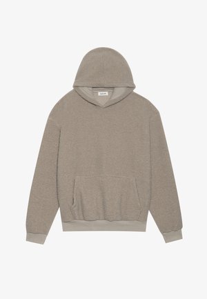 Kapuljača u mekanom, teksturiranom bež materijalu sa prednjim džepom i rebrastim rukavima. Ima jednostavan, ležeran dizajn.