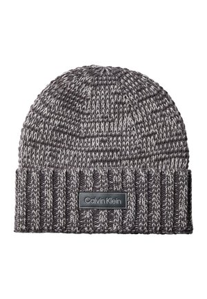 Calvin Klein, LEATHER PATCH MARL BEANIE WITH WOOL - Bonnet - iron gate/bright white