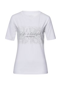 Biała koszulka z szarym wzorem graficznym, na którym znajduje się napis "Życie jest piękne" oraz "Cross Jeans 1990". Krótkie rękawy i okrągły dekolt.
