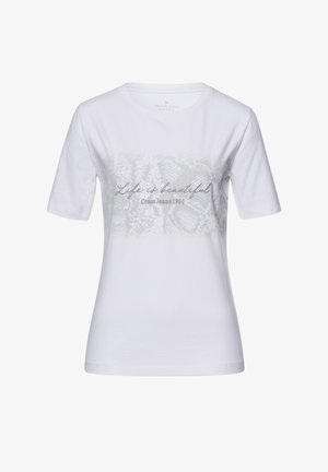 Biała koszulka z szarym wzorem graficznym, na którym znajduje się napis "Życie jest piękne" oraz "Cross Jeans 1990". Krótkie rękawy i okrągły dekolt.