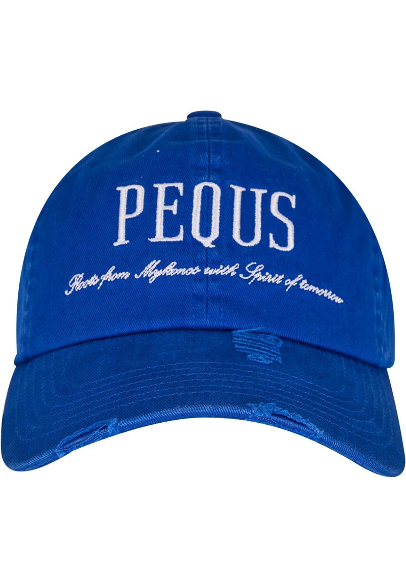 Blue baseball cap made of cotton, featuring white embroidered text "PEQUS" and a slogan. Distressed accents near the brim.