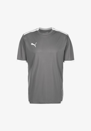 Graues Sportshirt mit kurzen Ärmeln, weißen Schulterrippen und Puma-Logo auf der linken Brust.