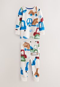 Pyjama blanc à manches longues pour tout-petit avec des imprimés colorés de véhicules de chantier, comprenant des excavatrices, des camions et des chargeuses en bleu, rouge, vert et marron.