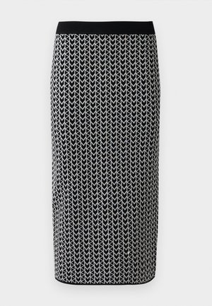 Gonna nera a matita con un motivo verticale testurizzato di piccole frecce bianche. Presenta una vita elastica nera. Realizzata in un materiale elasticizzato.
