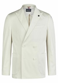 Doppelreiher-Blazer aus cremefarbener Baumwolle. Bemerkenswerte Merkmale sind die Revers mit Spitzen, zwei Fronttaschen und eine einzelne Brusttasche. Glatte Textur.