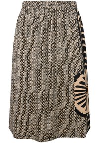 Jupe élastique avec un motif noir et beige, présentant un design floral sur le côté. Fabriquée en tissu léger, arrivant au genou.