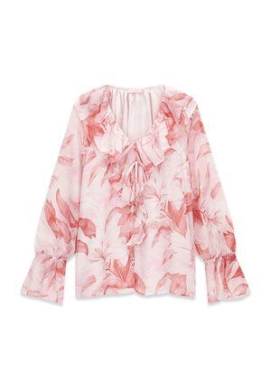 Jasnoróżowa bluzka z długim rękawem w różowy kwiatowy wzór, z falbaniastym dekoltem w kształcie litery V z wiązaniem i rozszerzanymi mankietami.