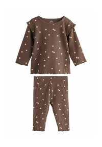 Brun ribbad tvådelad set som består av en långärmad topp och leggings med rosa blommönster, vågiga fållar och rund halsringning.