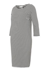 Mustavalkoraidallinen mekko, joka on valmistettu pehmeästä kankaasta, sisältää pyöreän kaula-aukon ja kolme neljäsosapituista hihaa. Sileä tekstuuri ja istuva muotoilu.