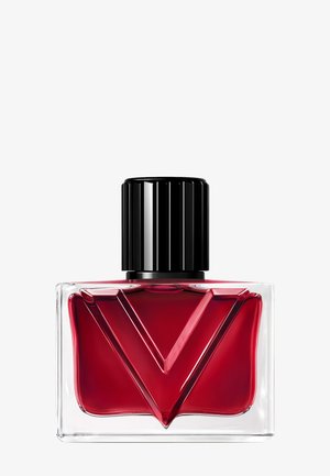 Flacon d'encre en verre transparent avec encre rouge foncé et grand bouchon à vis noir rainuré.