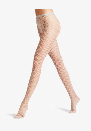Beige visnetpanty met een groot hexagonaal patroon, met een gladde tailleband en een doorschijnende textuur die tot aan de tenen reikt.