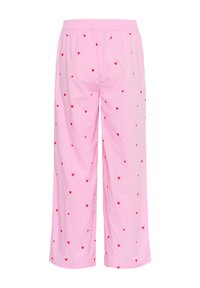 Roze pyjamabroek met een elastische tailleband, met een patroon van kleine rode hartjes verspreid over de stof. Zacht, lichtgewicht materiaal.