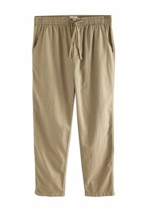 Pantalon en coton beige avec une taille élastique, cordon de serrage ajustable et poches latérales. Design à jambes droites avec une texture lisse.