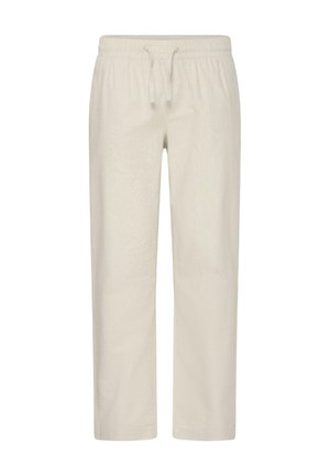 Hellbeige elastische Hosen mit Tunnelzug in der Taille, geradem Bein und ohne sichtbare Taschen.