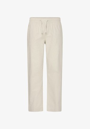 Hellbeige elastische Hosen mit Tunnelzug in der Taille, geradem Bein und ohne sichtbare Taschen.
