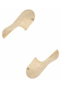 Beige Knöchelstrümpfe aus weichem Material, mit einem tiefen Schnitt und verstärktem Fersenbereich, glatter Textur und minimalem Muster.