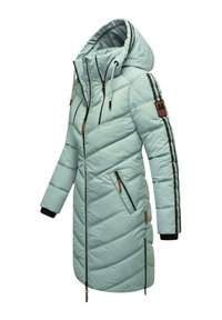 Manteau matelassé vert clair avec capuche, motif en diagonale, poches zippées, accents noirs et écusson logo sur la manche.