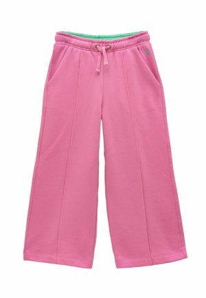 Lyserøde bredbenede fleecebukser med elastisk linning, snøre, sidelommer og lille broderet logo på højre hofte.