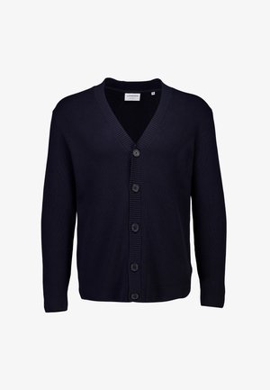 Granatowy dziany kardigan z dekoltem w kształcie V, pięcioma czarnymi guzikami z przodu oraz prążkowaną fakturą na korpusie i mankietach.