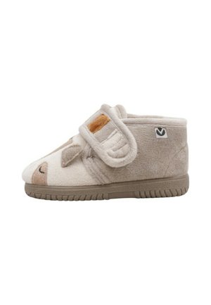 Zachte beige kinderslippers met een dierengezicht aan de voorkant, klittenbandsluiting en rubberen zool voor gebruik binnenshuis.
