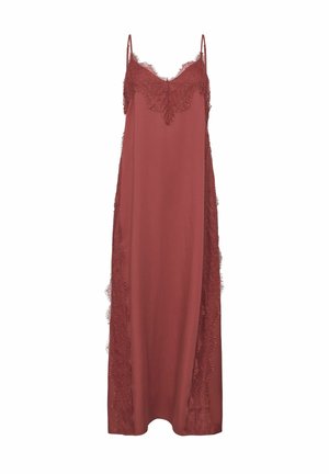 Long rusty red slip dress with lace trim on neckline, sides, and thin adjustable shoulder straps.