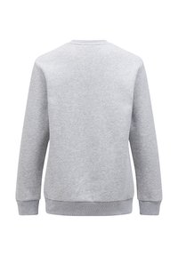 Felpa grigia a girocollo con maniche lunghe, polsini e orlo a costine, una texture morbida e un design semplice senza loghi o motivi visibili.