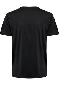 T-shirt noir à manches courtes avec col rond, vu de dos sur un fond blanc.