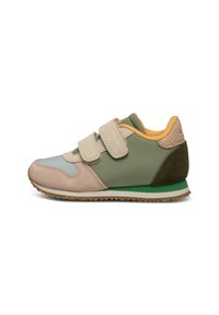 Velcro sneakers har et miks af grøn, beige og blå mokka med en tekstureret hæl. Sålen er lysebrun med riller for bedre greb.