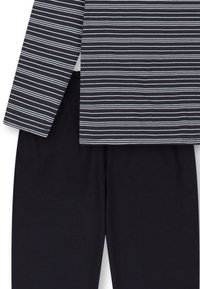 Gestreiftes Langarmoberteil in Navy und Weiß mit rundem Halsausschnitt, kombiniert mit einfarbigen schwarzen Hose mit elastischem Bund. Leichtes Baumwollmaterial.