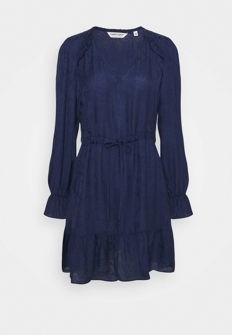 Vestido azul marino con mangas largas abullonadas, cintura ajustada y un dobladillo con volantes en capas. Hecho de una tela ligera y texturizada.