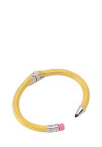 Yellow pencil bracelet with two cylindrical yellow pencil-shaped bands, metal accents, a silver connector, and pink eraser detail at one end.