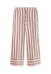 Wijd uitlopende, lichtgewicht broek in het wit met verticale rode en zwarte strepen; voorzien van een trekkoord in de tailleband en een getextureerde, geplooide afwerking.