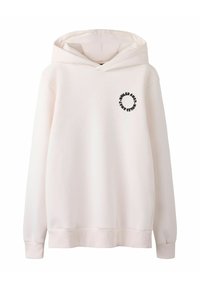 Hoodie blanc cassé avec un logo de texte noir circulaire sur la poitrine gauche portant l'inscription "WILLED AWAY" répétée autour du cercle.