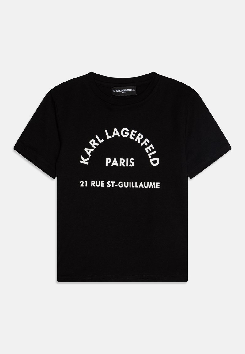 Svart bomull T-shirt med vit text som säger "KARL LAGERFELD PARIS 21 RUE ST-GUILLAUME" i en krökt design. Kort ärm, rundad halsringning.
