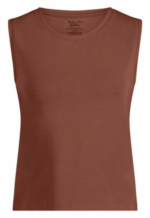 Ruskea hihaton paita, joka on valmistettu sileästä puuvillakankaasta. Siinä on pyöreä kaula-aukko ja yksinkertainen, istuva muotoilu ilman koristeita.