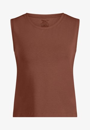 Braunes ärmelloses Oberteil aus glattem Baumwollstoff. Mit rundem Ausschnitt und einem schlichten, taillierten Design ohne Verzierungen.