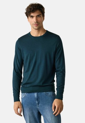 Uomo che indossa un maglione verde scuro a maniche lunghe e jeans blu, in piedi davanti a uno sfondo chiaro e uniforme.