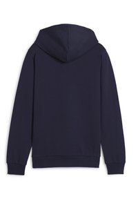 Felpa blu navy con tasca a marsupio, polsini e orlo a coste, dotata di un ampio cappuccio regolabile e realizzata in morbido cotone.