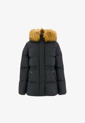 Veste en duvet noire avec une capuche en fausse fourrure, dotée d'une fermeture éclair à l'avant, de deux poches latérales et d'une texture matelassée pour une meilleure isolation.