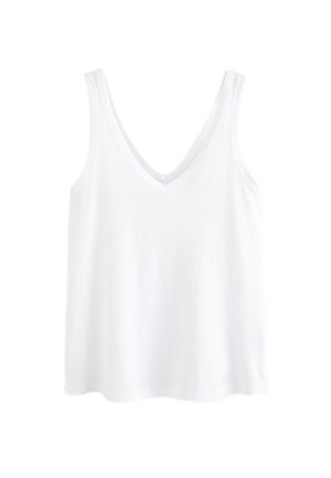 Valge varrukateta V-kaelusega top, millel on laiad õlarihmad ja lõdva sirge lõikega lõige.